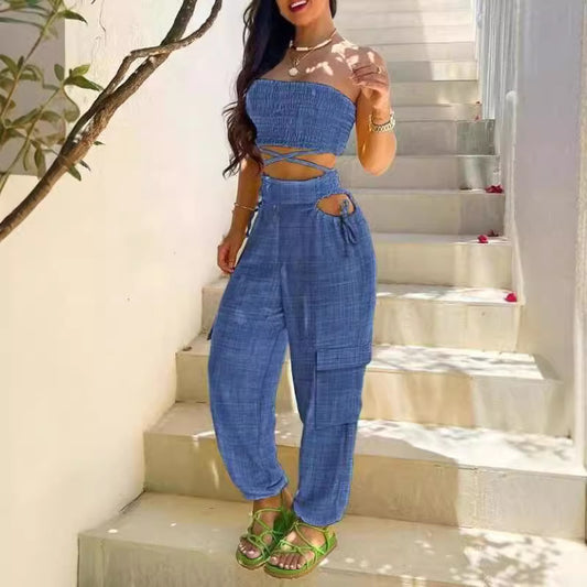 Dame afslappet sæt med crop top og high-waist cargo bukser Stilla