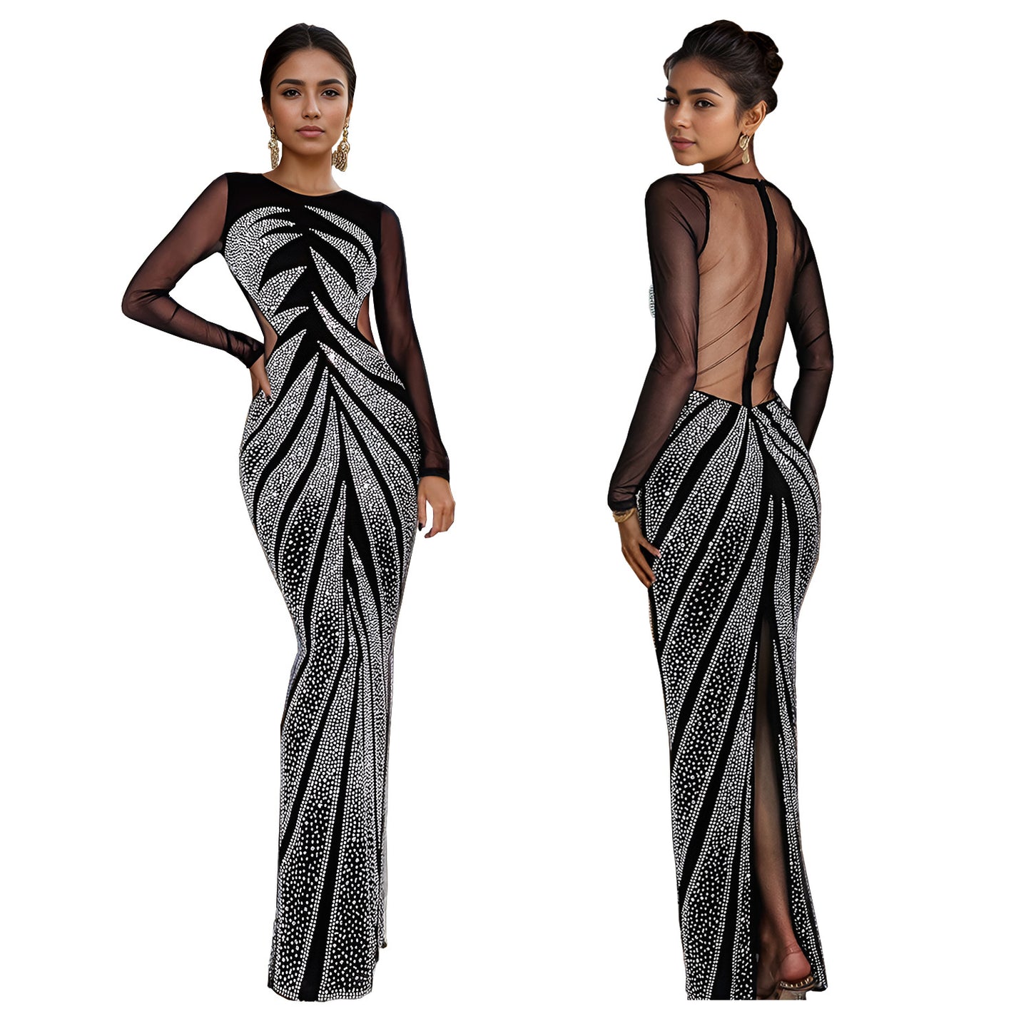 Dame elegant aftenkjole med gennemsigtige ærmer og eksklusivt krystal-mønster Stilla