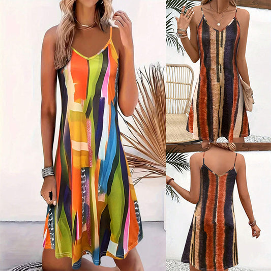 Dame A-linje kjole med V-udskæring og flerfarvet mønster Stilla