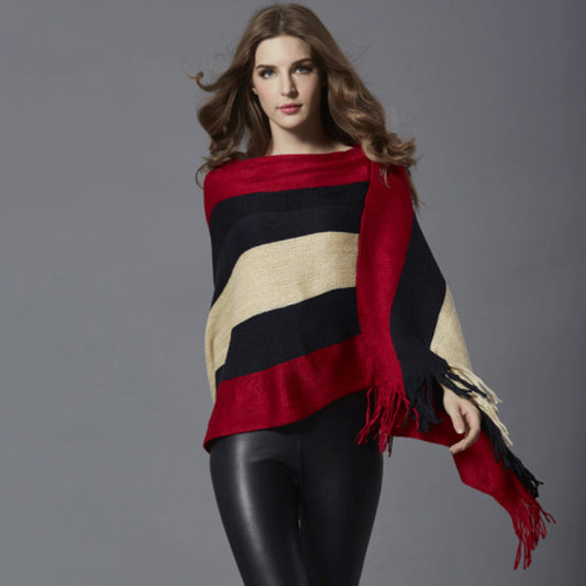 Dame geometrisk print poncho med frynse-bund Stilla