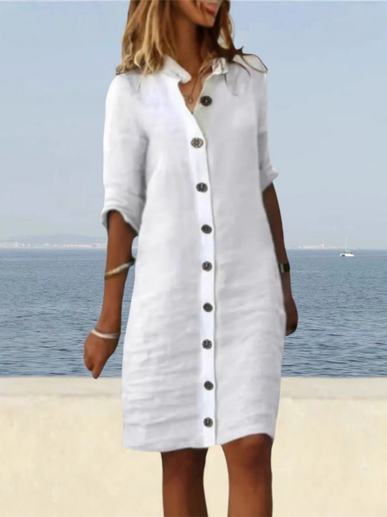 Dame afslappet linnedragt med knaplukning og praktiske lommer Stilla