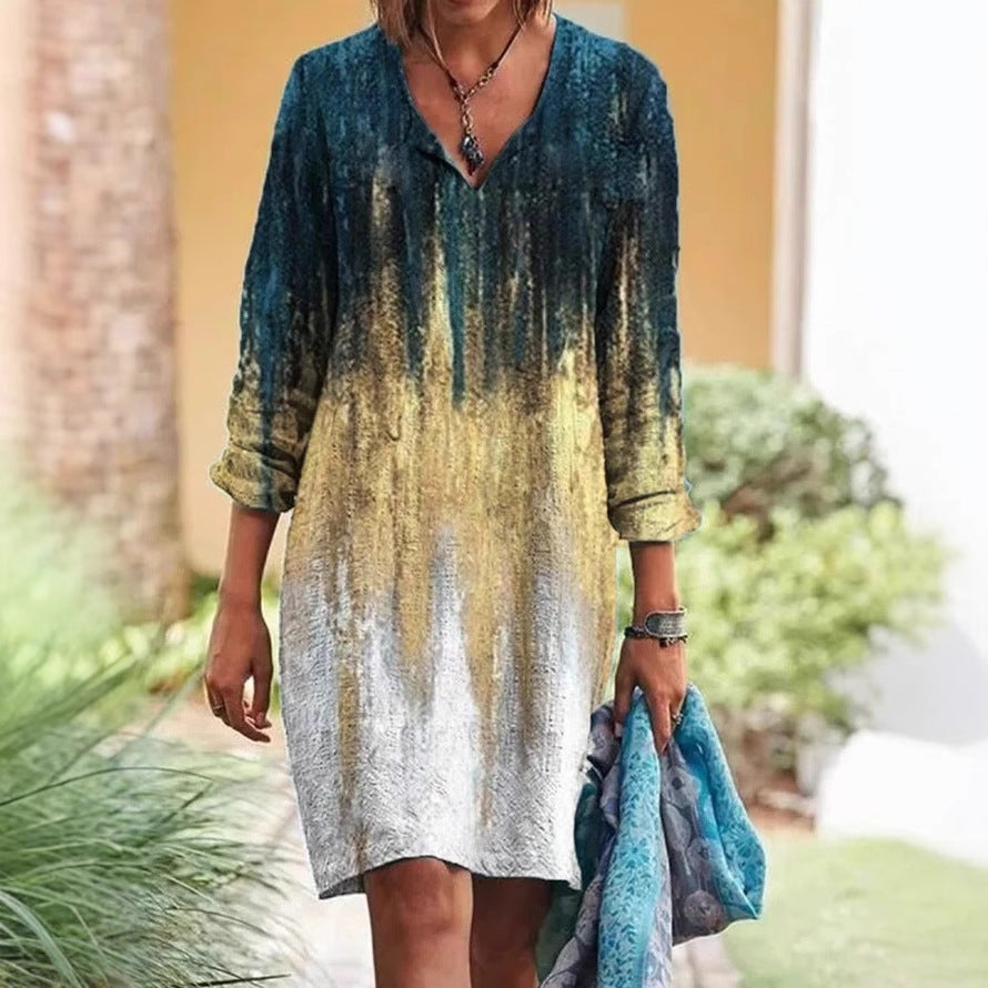 Dame afslappet langærmet kjole med dyb V-udskæring og unik farvegradient Stilla