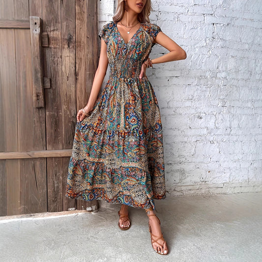 Boho Maxikjole til damer med samlet overdel og korte ærmer Stilla