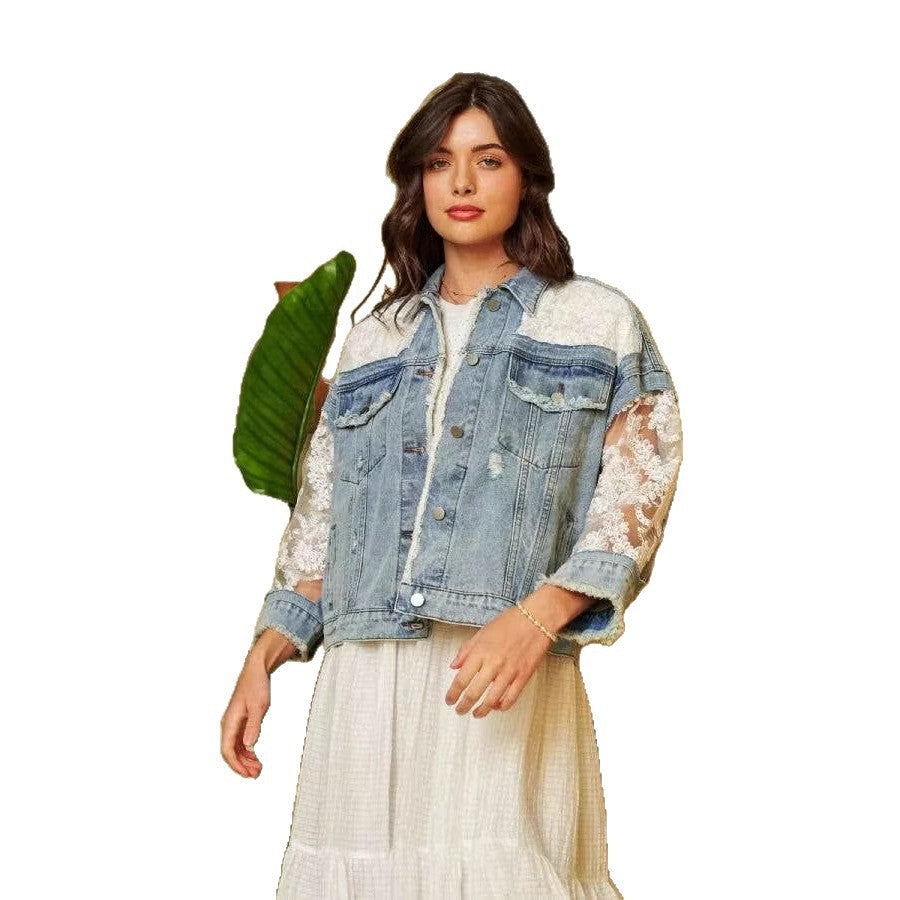 Dame Denimjakke med transparente spidsærmer og afslappet pasform Stilla