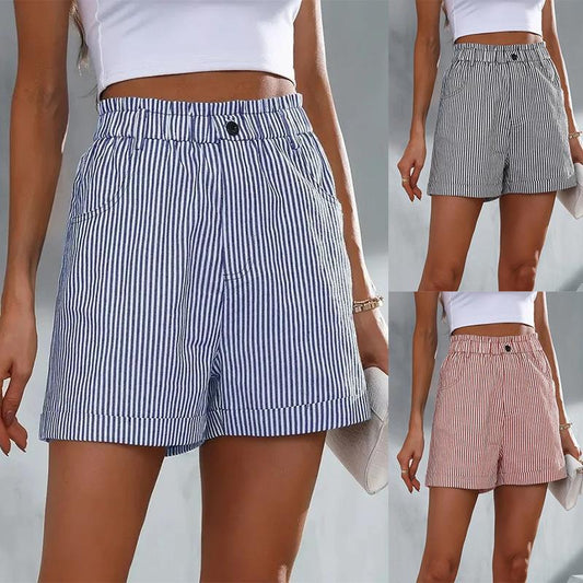 Dame elegante stribede shorts med elastisk liv og sidelommer Stilla