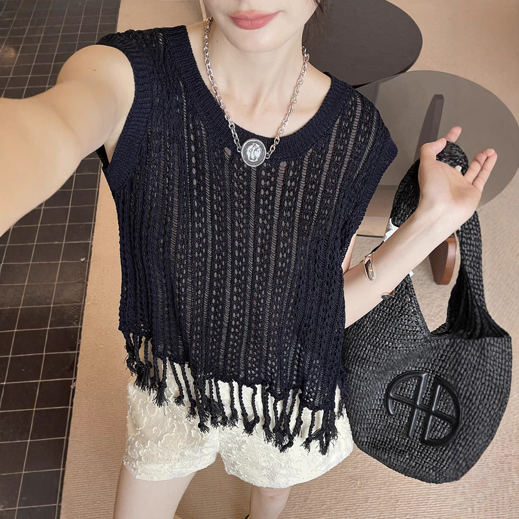 Dame elegant frynse-top i luftig netstruktur Stilla