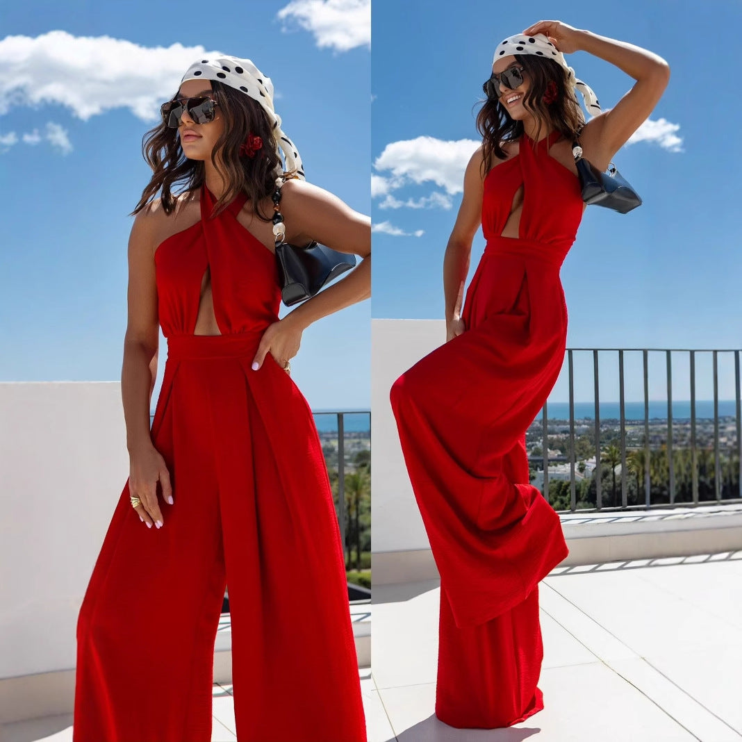 Damer Elegant Jumpsuit med dyb udskæring og bredt skåret ben Stilla