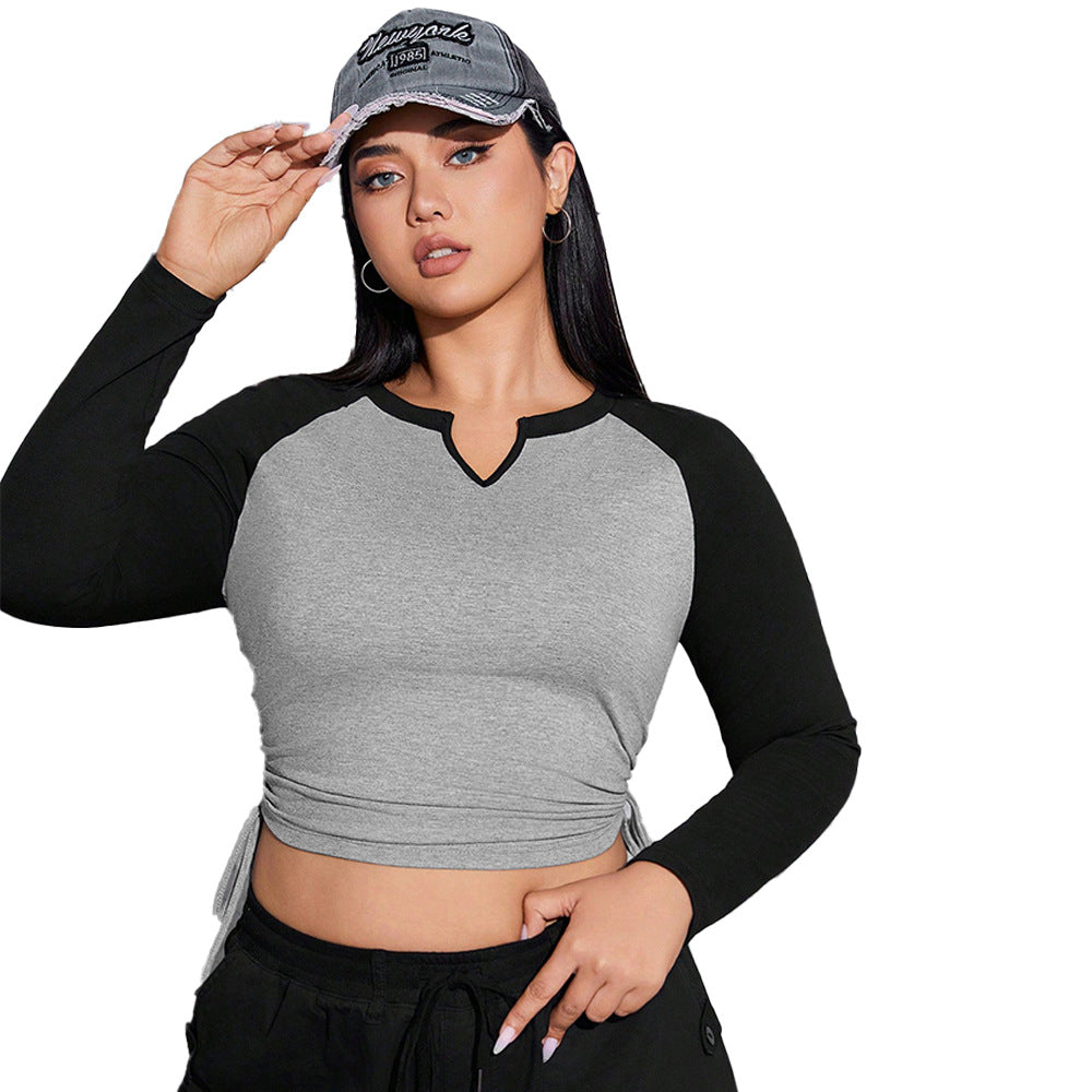 Dame cropped langærmet skjorte med V-udskæring og sideløjfer Stilla