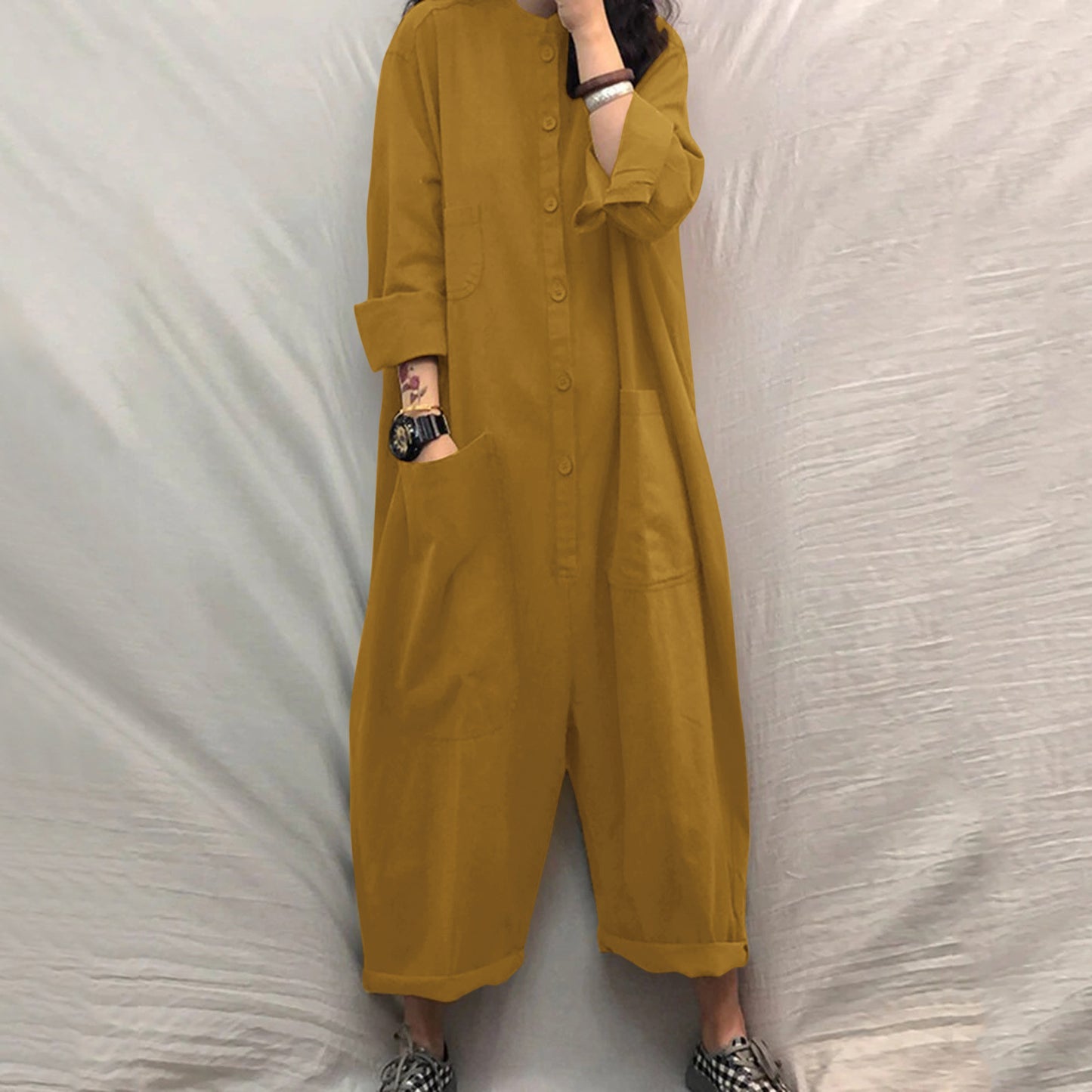 Dame Casual Jumpsuit med overdimensionerede lommer og knaplukning Stilla