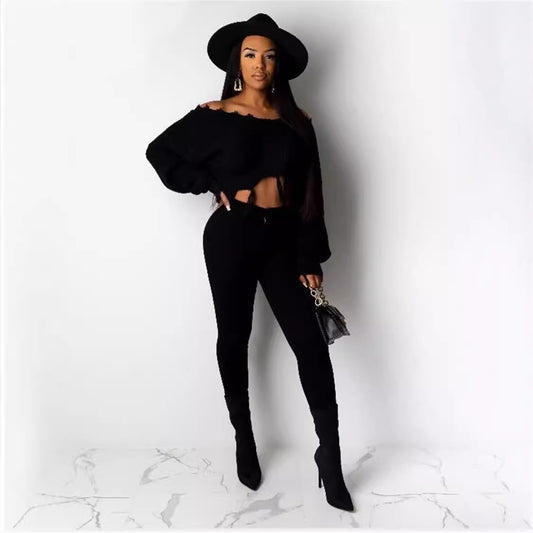 Dame Cropped Strikpullover med afslappet Off-Shoulder design og brede ærmer Stilla