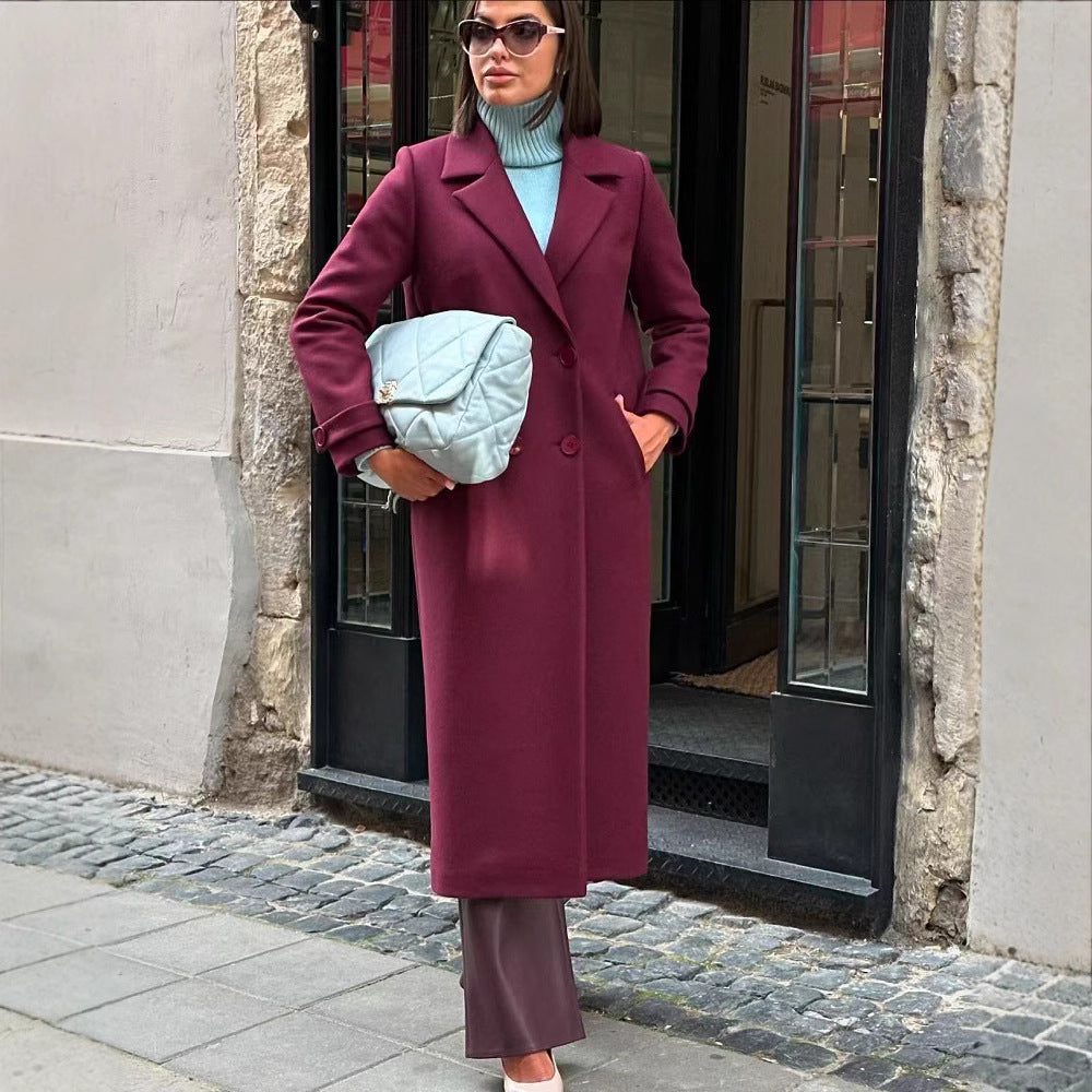 Dame Elegant Dobbeltbrystet Frakke med Taljebælte og Moderne Detaljer Stila