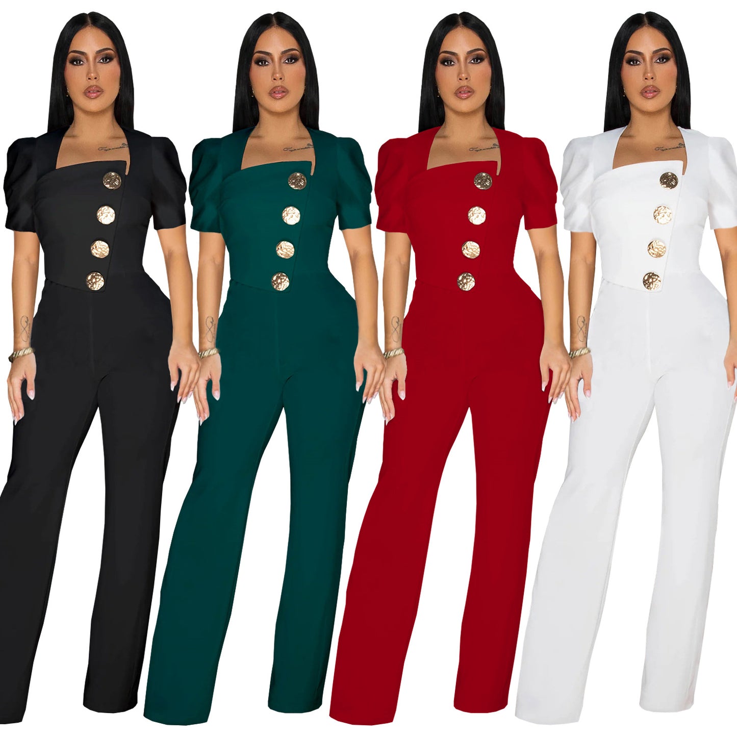 Dame Elegant Jumpsuit med smagfulde knapdetaljer og puffærmer Stilla