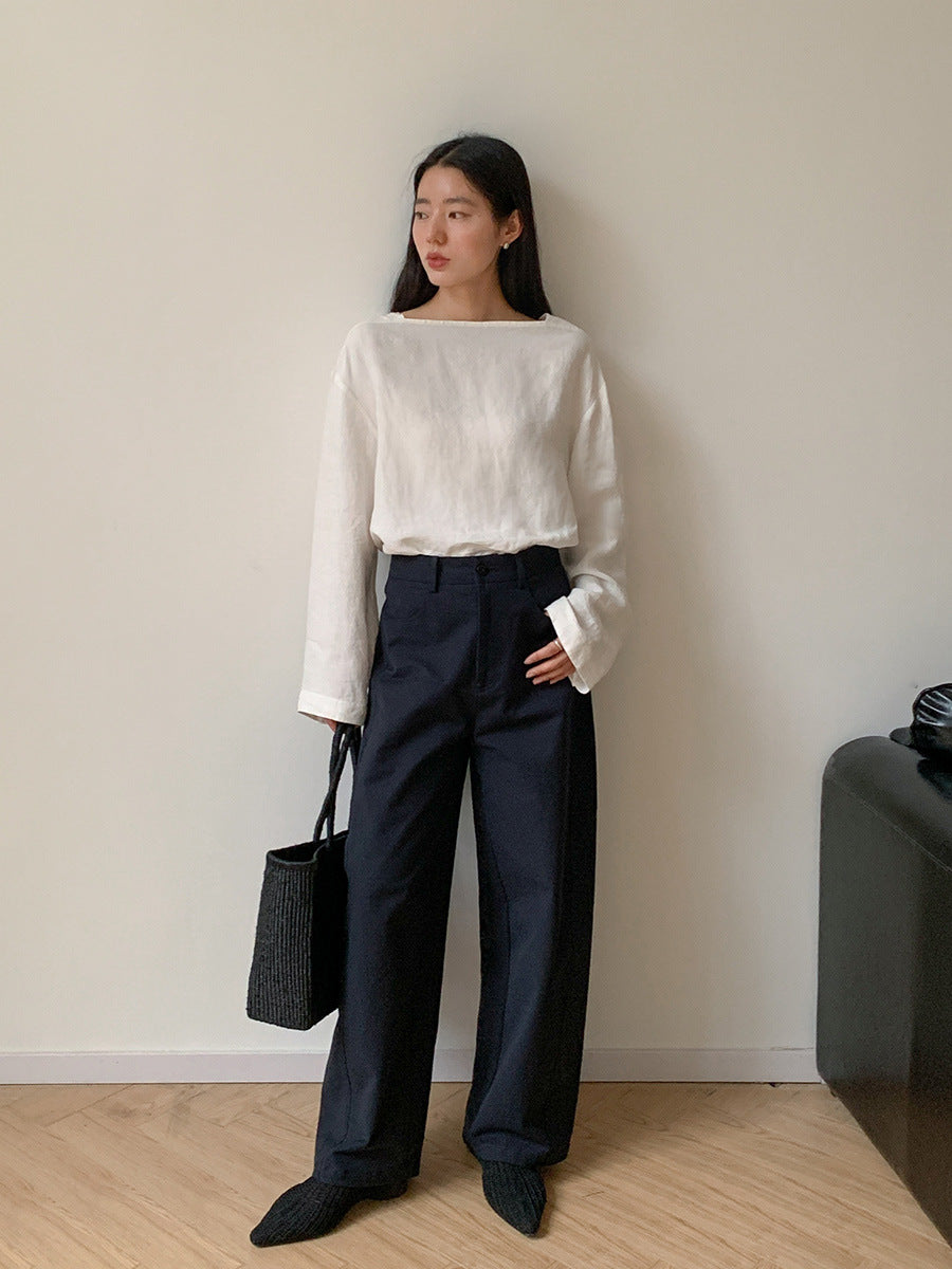 Dame afslappet longsleeve-top med dybt udskåret halsudskæring og fleksibel pasform Stilla