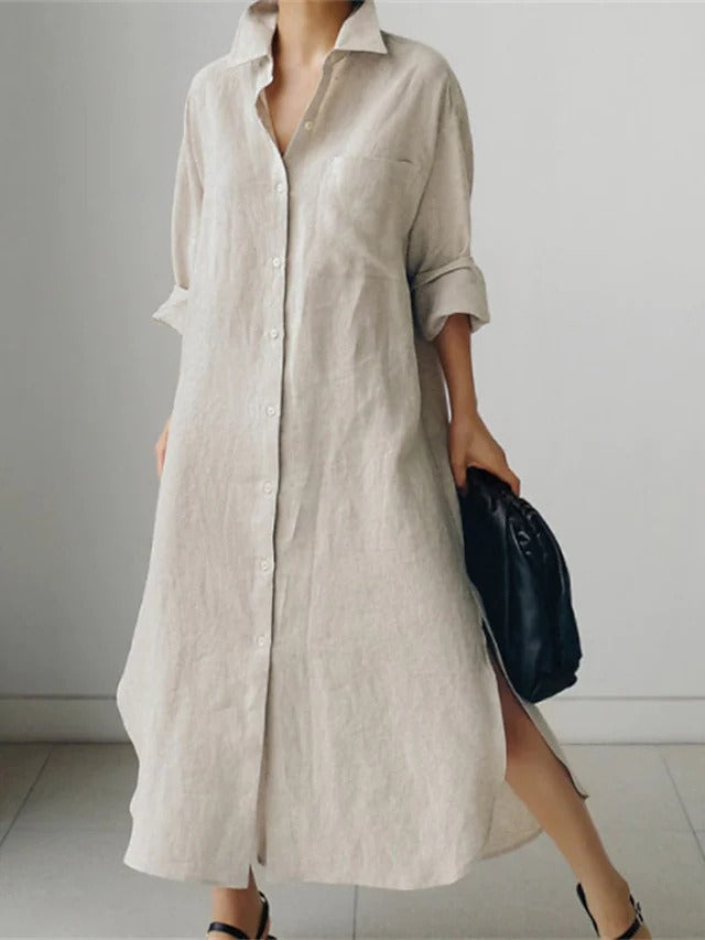 Dame Oversized Skjortekjole med side Slids og fin Linnedstruktur Stilla