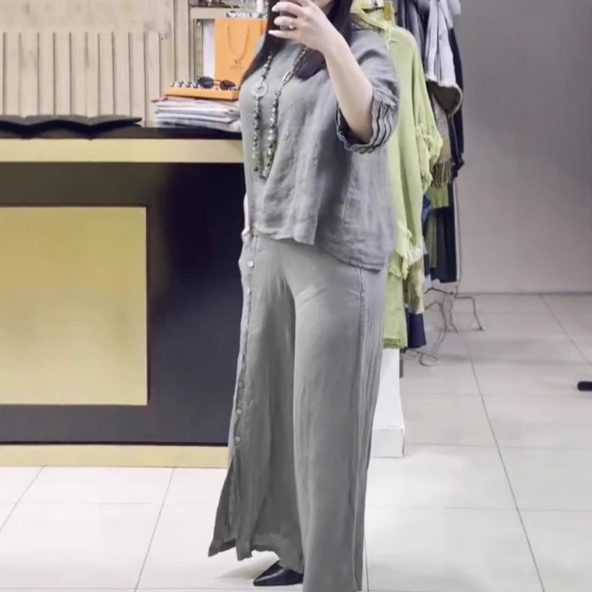 Dame afslappet linned sæt med løsskåret overdel og palazzo bukser Stiila