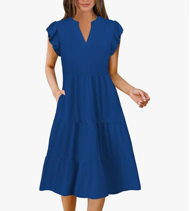 Dame afslappet sommerkjole med uldne ærmer og V-hals Stilla