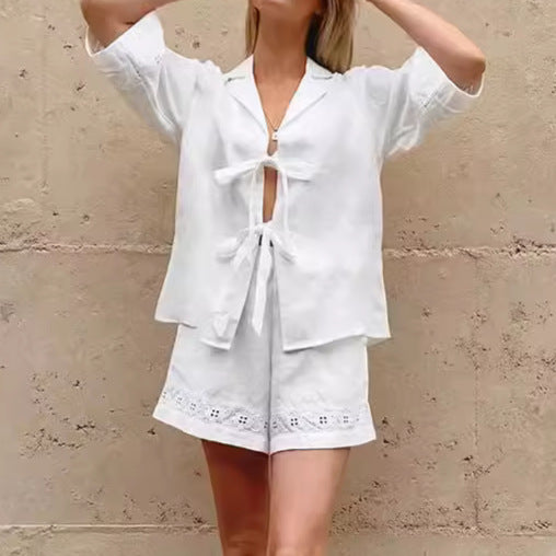 Dame afslappet linned overdel og shorts sæt med elastisk talje og dekorativt bindebælte Stilla