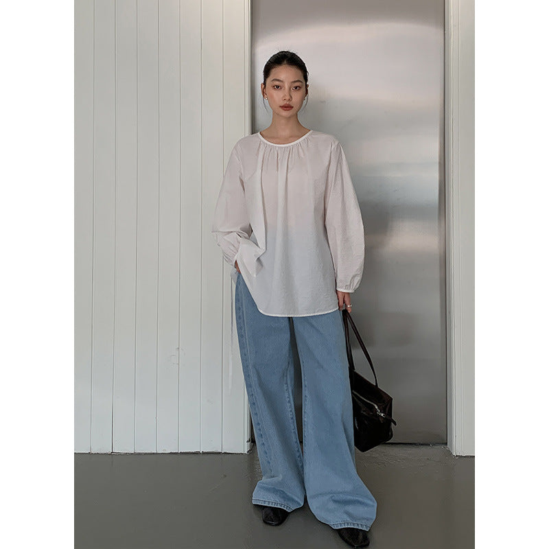 Dame afslappet langærmet overdel med dekorativt bælte og løs pasform Stilla