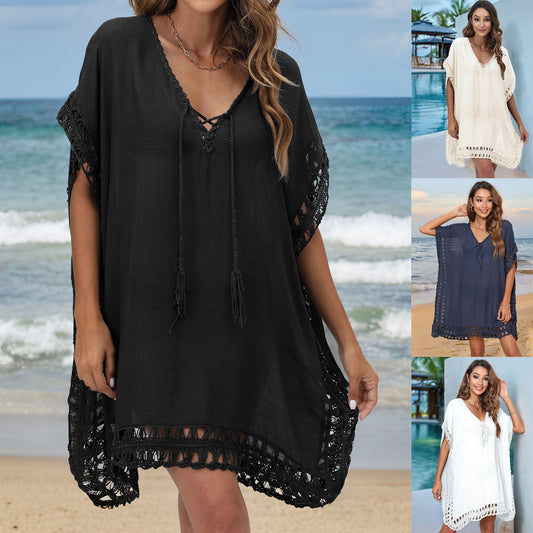 Dame elegant hæklede strandoverdækning med dyb V-udskæring og dekorative frynser Stilla