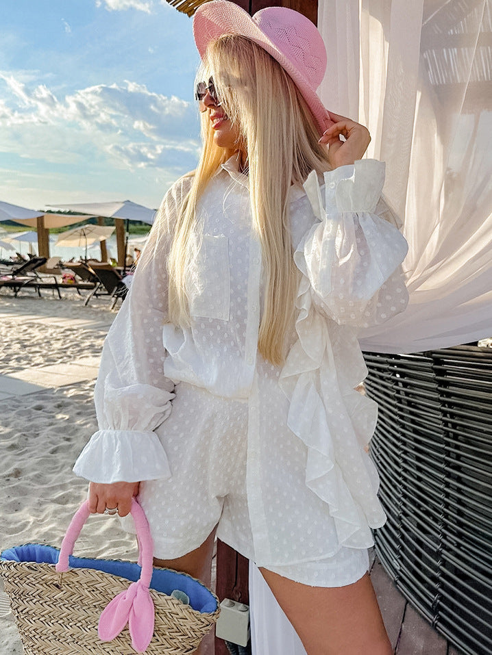 Dame afslappet skjortekjole sæt med flæsedetaljer og transparent stof Stilla