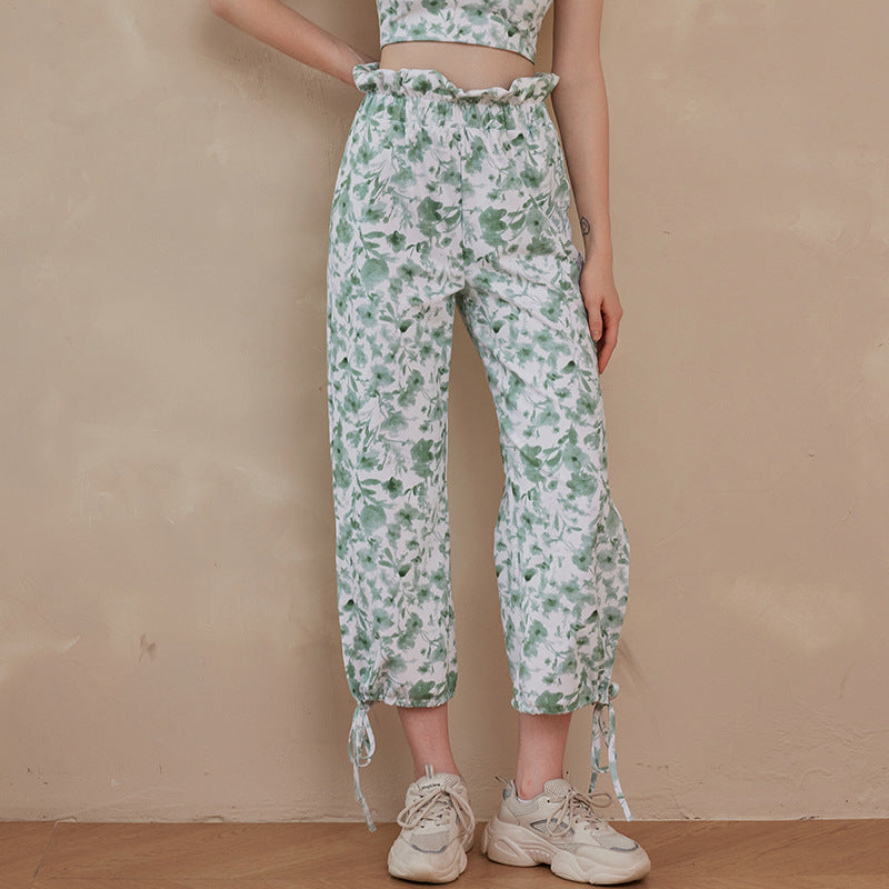 Dame afslappede fritidshavebukser med blomstret tryk og justerbar linning Stilla