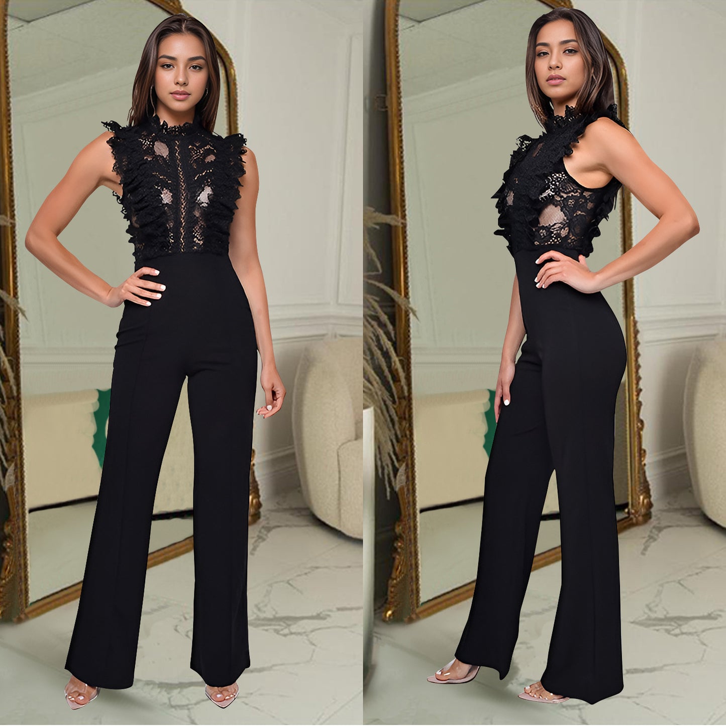 Dame Elegant Jumpsuit med Volangdetaljer og Transparent Overdel Stilla