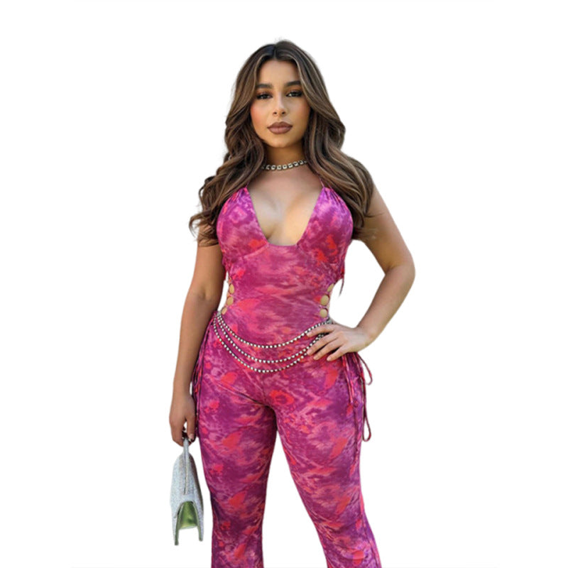 Dame jumpsuit med dyb V-udskæring og snøre detaljer Stilla