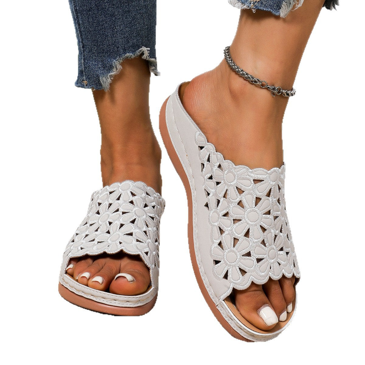 Dame mode pantofler med blomster broderier Stilla