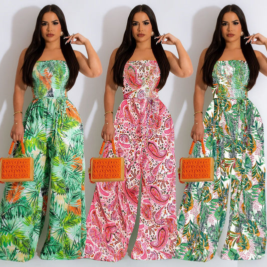 Dame Luftig, mønstret bredbenet jumpsuit med skulderfri design Stilla
