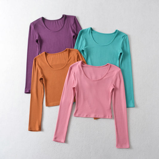 Dame afslappet langærmet cropped shirt med rund udskæring og figursyet snit Stilla