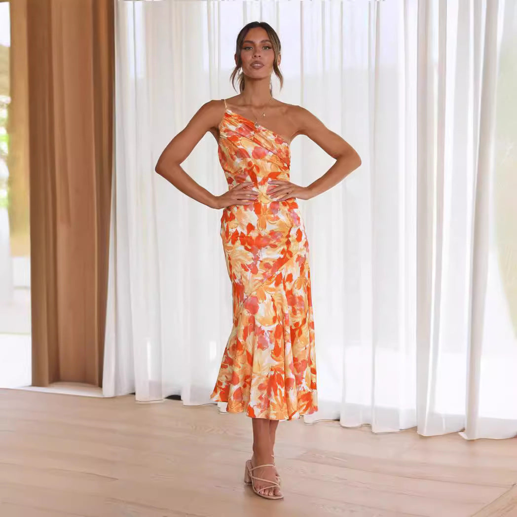 Dame elegant blomster-midi-kjole med asymmetrisk udskæring Stilla