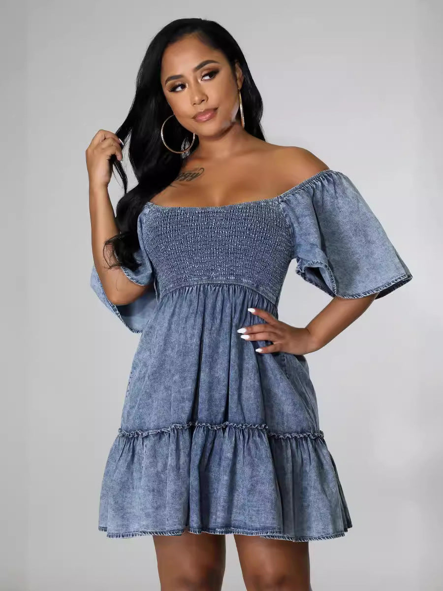 Dame Denim Kjole med luftige Rynke detaljer og elastisk Overdel Stilla