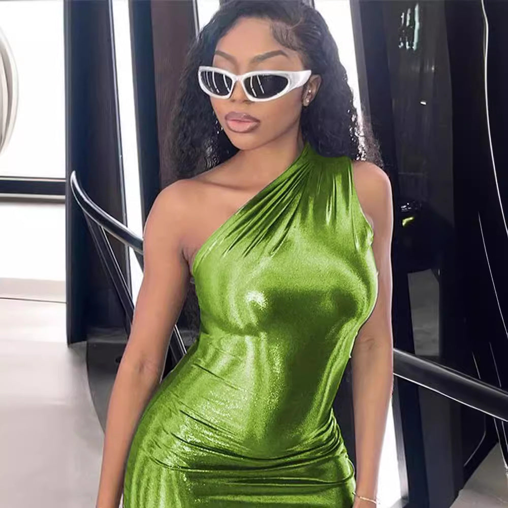 Dame Ein-skulder Metallic Bodycon Kjole Stilla