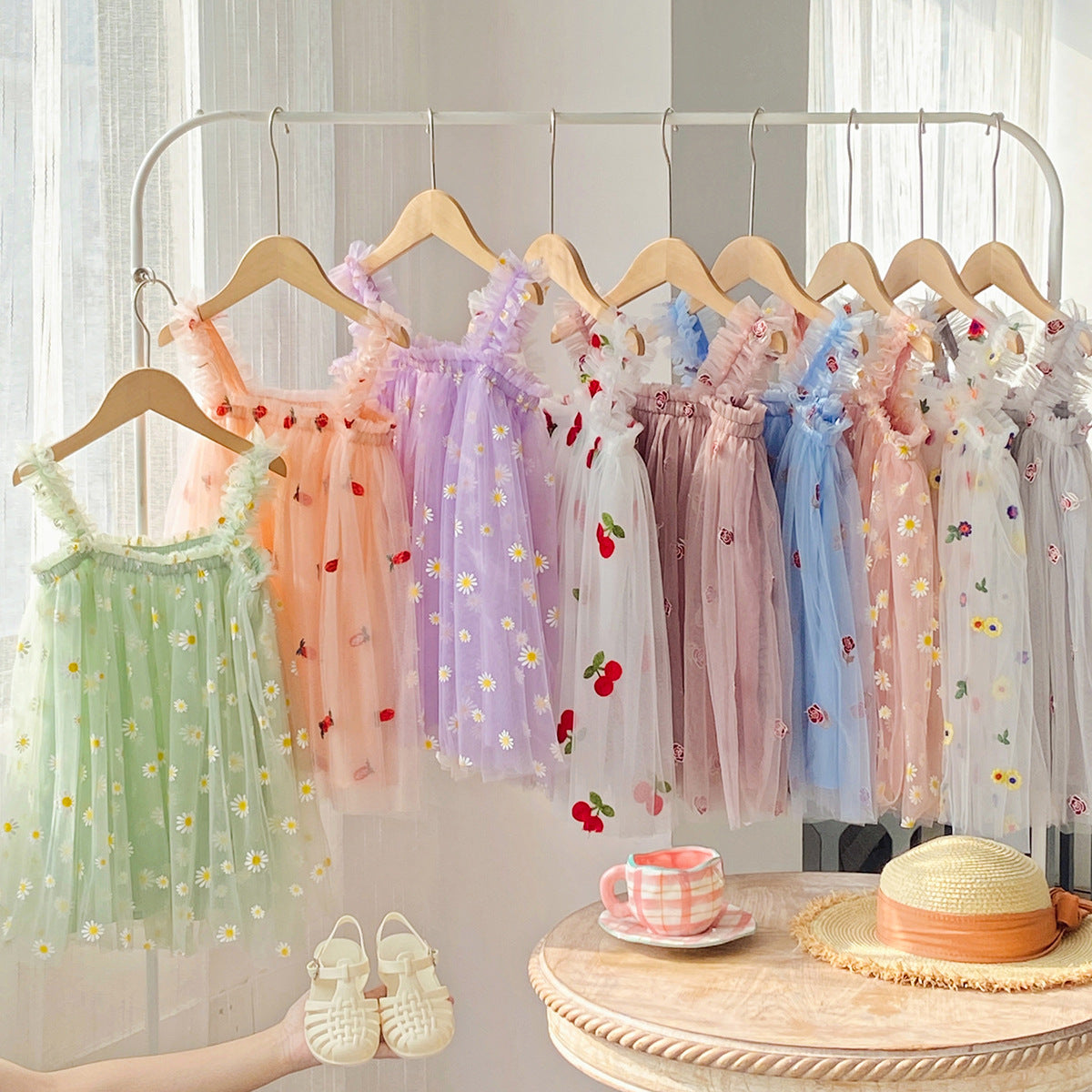 Pige Floral Broderet Tulle Sommerkjole Stilla