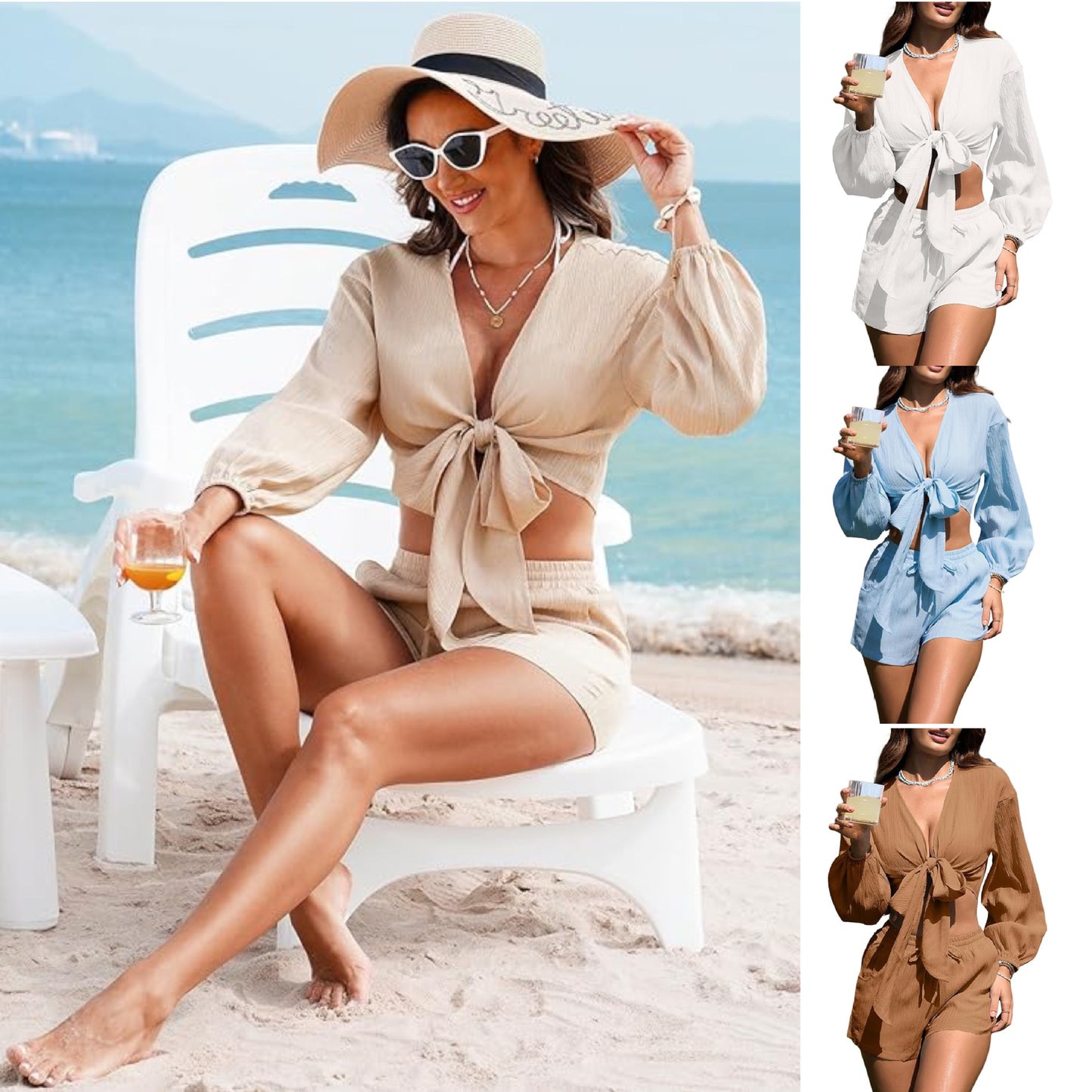 Dame Dæmpet Strandoverdel med voluminøse ærmer og flot bindebælte Stilla