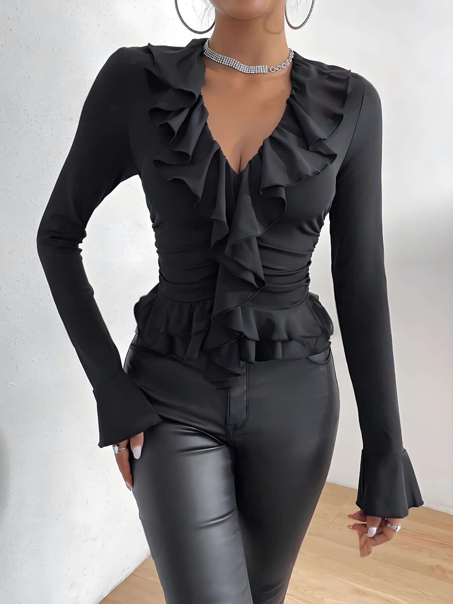 Dame elegant bluse med flydende flæsekant Stilla