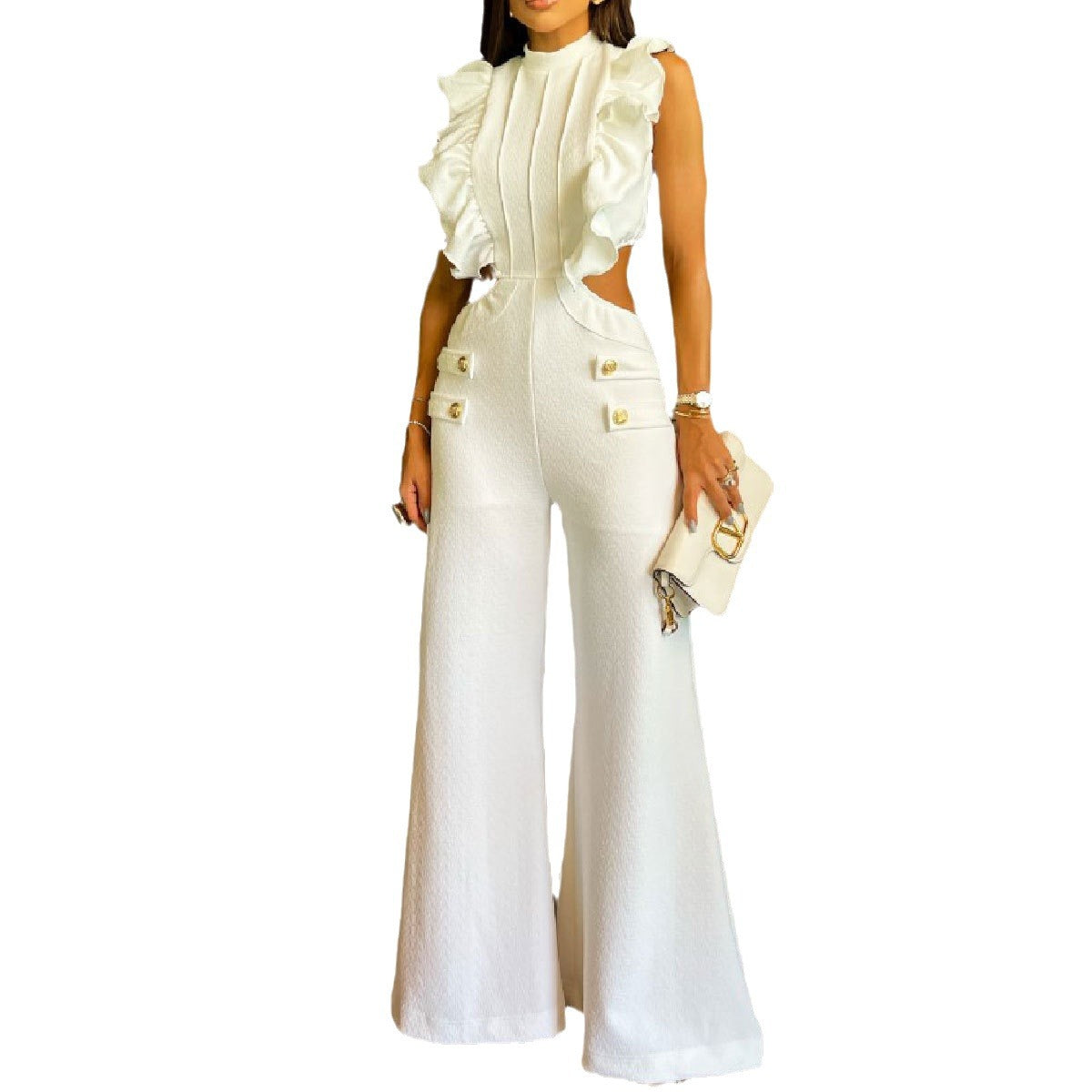 Dame jumpsuit med flæser detaljer og knapdekorationer Stilla