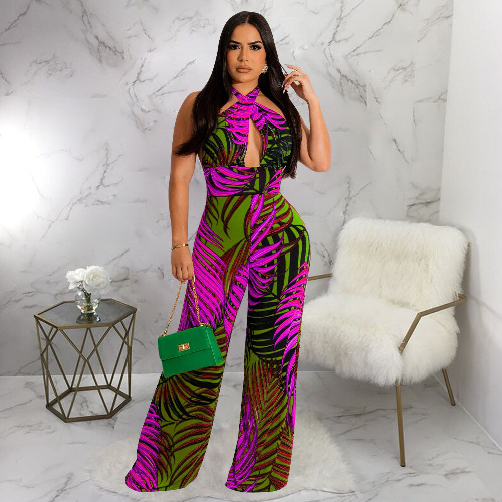 Dame elegant jumpsuit med afslappet halter-design og iøjnefaldende bladmønster Stilla