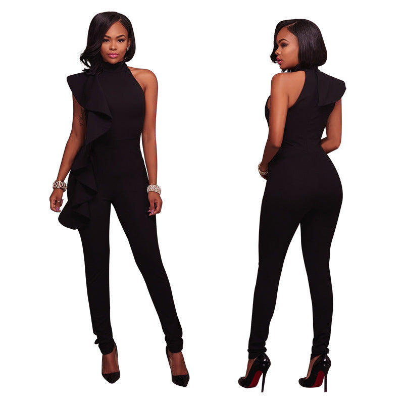 Dame Bodycon Jumpsuit med asymmetrisk snit og flæsedetaljer Stilla