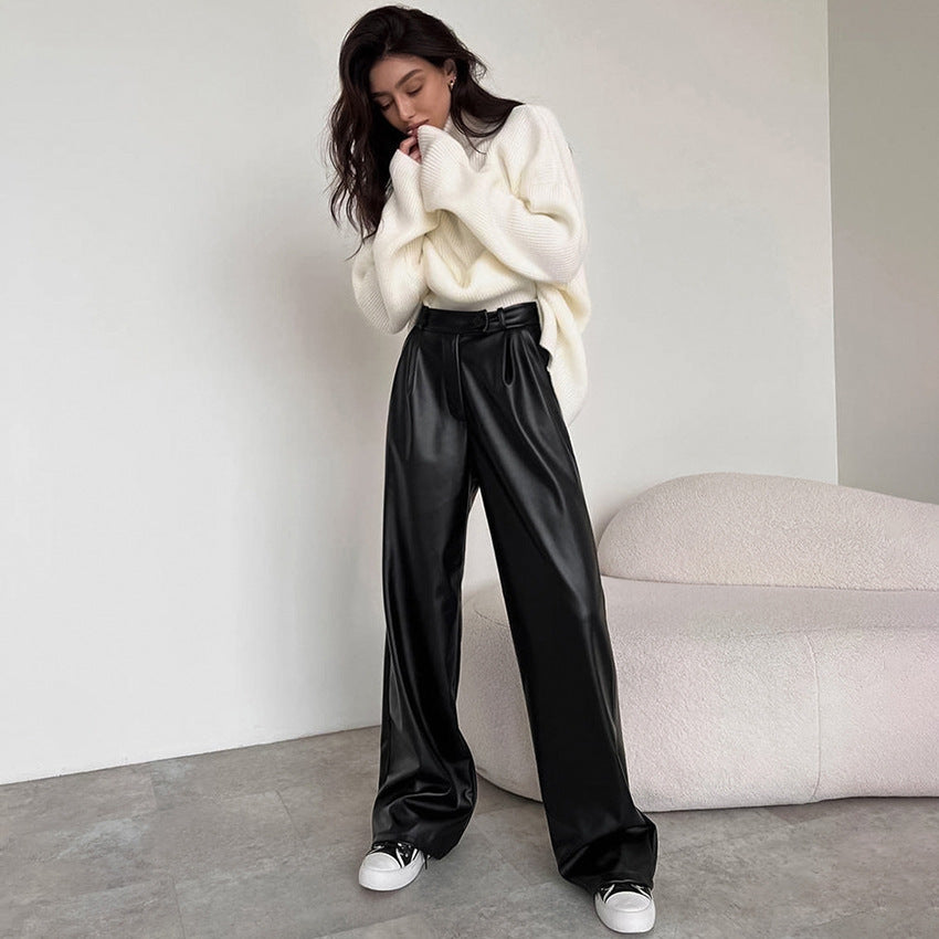 Dame Elegant Høj Talje Kunstlæderbukser med Bred Ben og Bælte Stilla