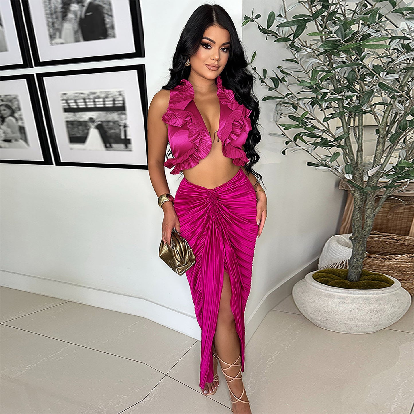 Dame Elegant Draperet Sæt med Flæse-Top og Maxi-Nederdel Stilla