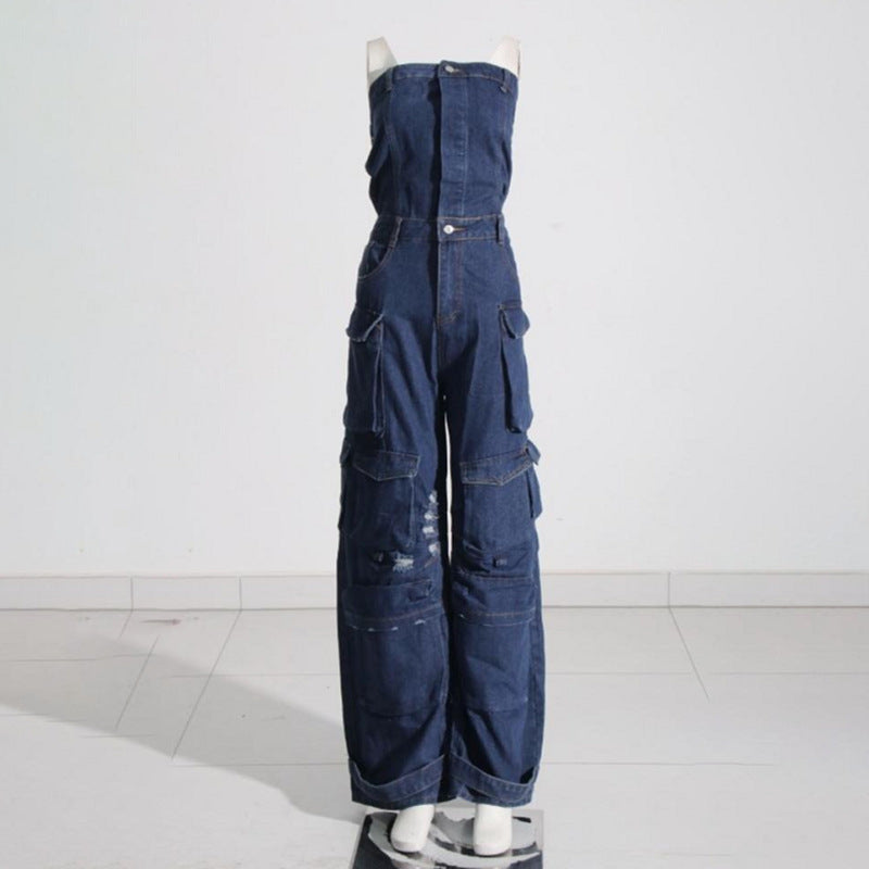 Dame afslappet denim jumpsuit med praktiske cargo-lommer og elegant snit Stilla