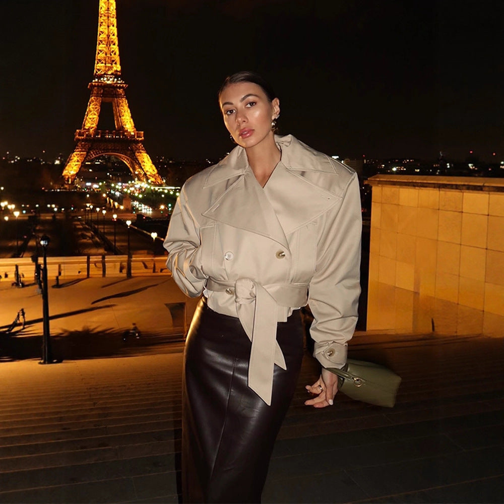 Dame Cropped Trenchcoat med bred revers og talje bælte Stilla