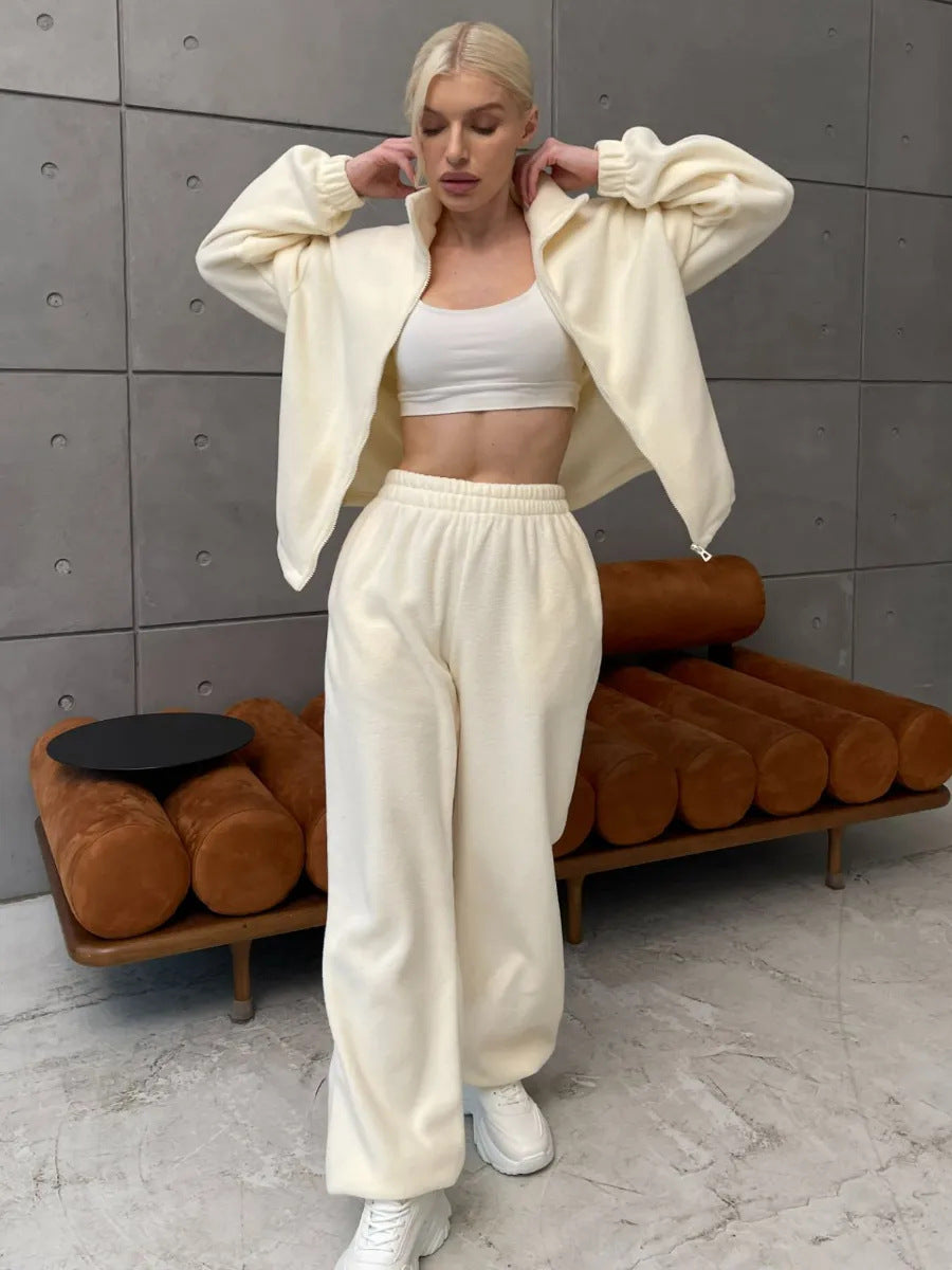 Dame Elegant fleece træningssæt med høj krave og bredt ben Stilla