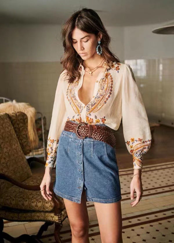 Dame elegant blouse med blomsterprint og moderigtig krave Stilla