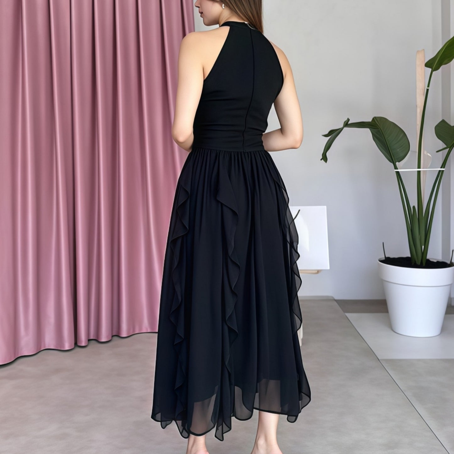 Dame elegant halværmet kjole med flæsedetaljer Stilla