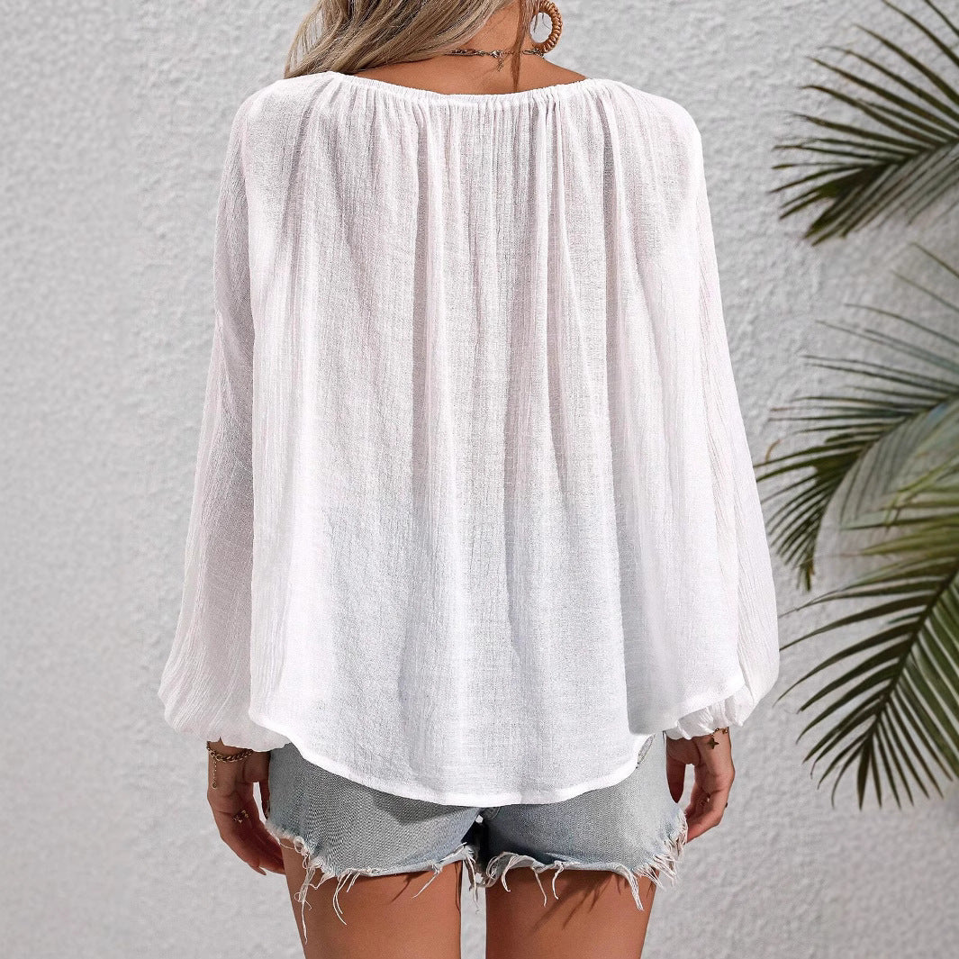 Dame afslappet bluse med romantisk snøre rør-design og løst skårne ærmer Stilla