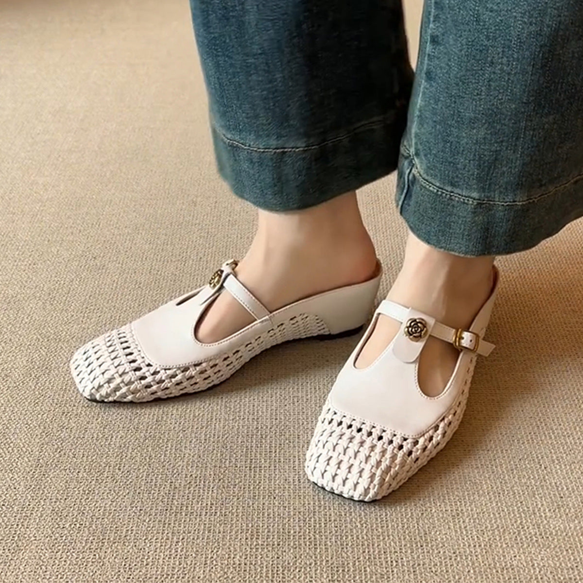 Dame Woven Mary Jane Slide Mules med dekorativ rem Stilla