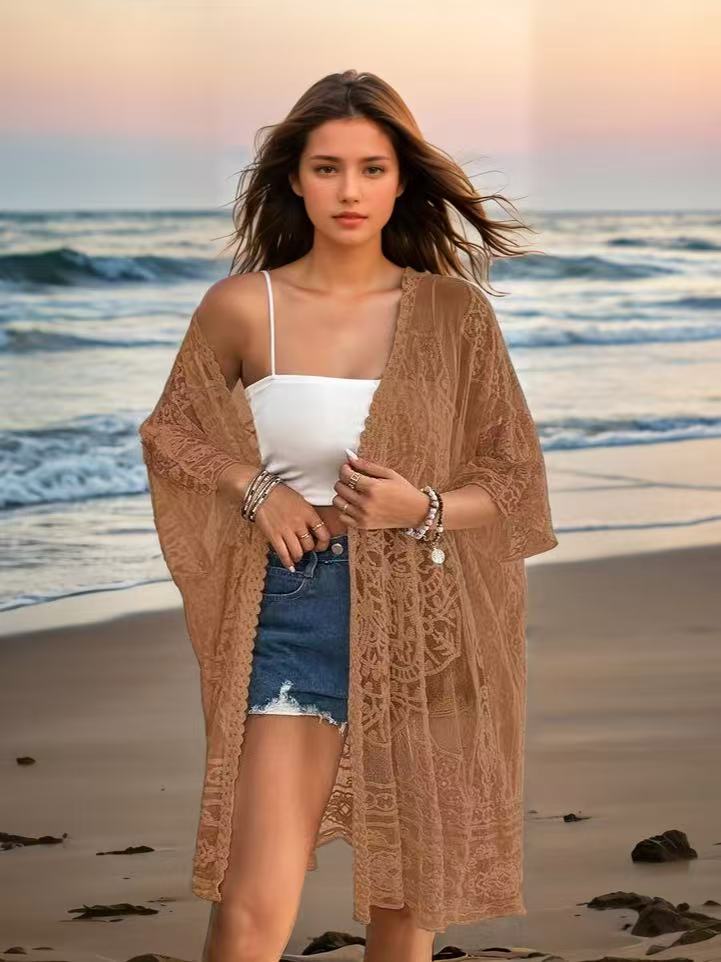 Dame Elegant gennemsigtig Kimono med spidsudsmykning Stilla