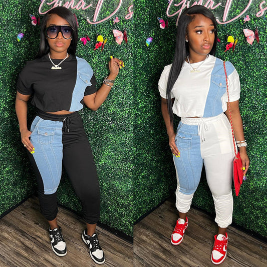 Dame Denim-Mix Joggingdragt med cropped top og elastisk talje Stilla